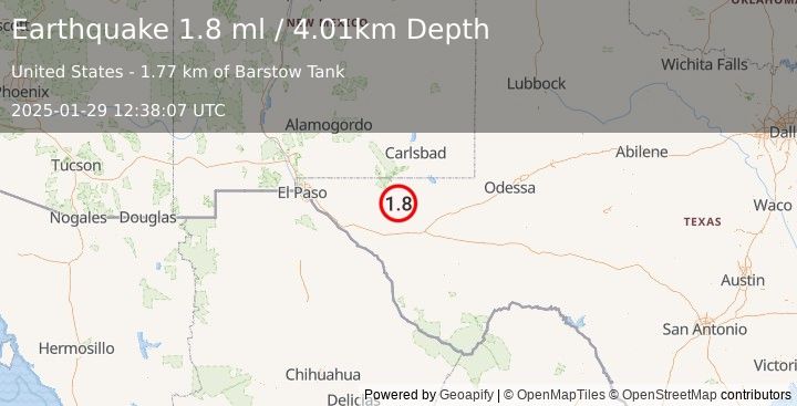 Earthquake 64 km NNE of Van Horn, Texas (1.8 ml) (2025-01-29 12:38:07 UTC)