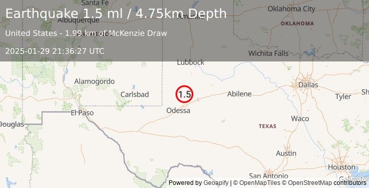 Earthquake 35 km SSW of Los Ybanez, Texas (1.5 ml) (2025-01-29 21:36:27 UTC)