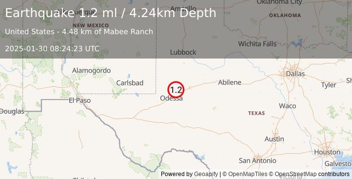 Earthquake 20 km NNW of Midland, Texas (1.2 ml) (2025-01-30 08:24:23 UTC)