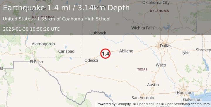 Earthquake 2 km SSE of Coahoma, Texas (1.4 ml) (2025-01-30 10:50:28 UTC)