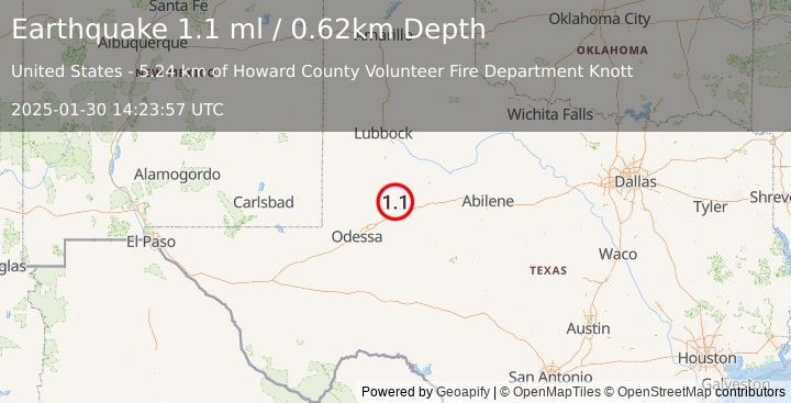 Earthquake 15 km SE of Ackerly, Texas (1.1 ml) (2025-01-30 14:23:57 UTC)