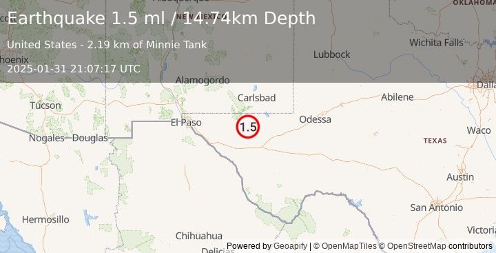 Earthquake 60 km SSW of Whites City, New Mexico (1.5 ml) (2025-01-31 21:07:17 UTC)