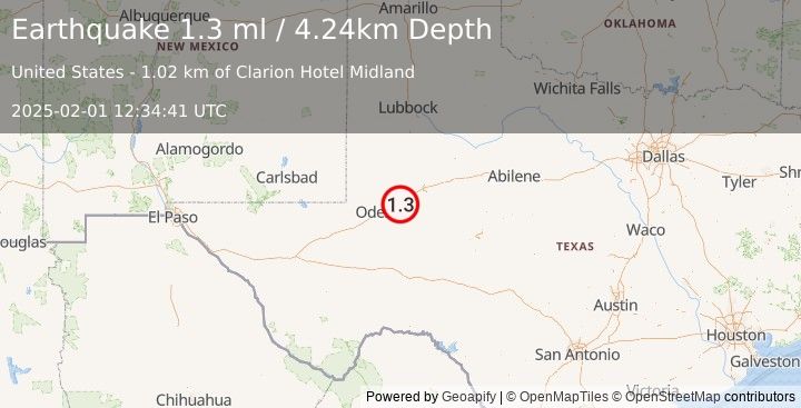 Earthquake 8 km ESE of Midland, Texas (1.3 ml) (2025-02-01 12:34:41 UTC)