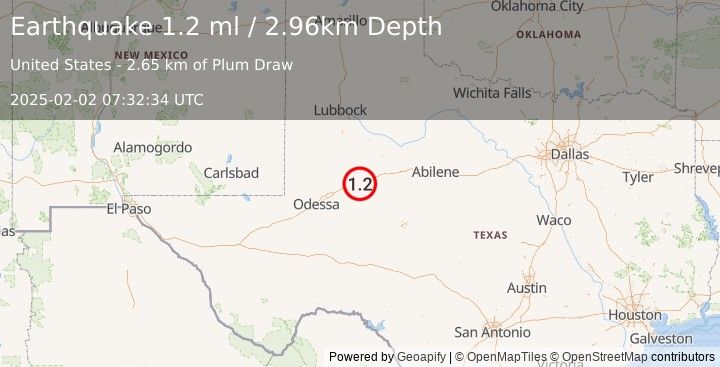 Earthquake 7 km ESE of Big Spring, Texas (1.2 ml) (2025-02-02 07:32:34 UTC)