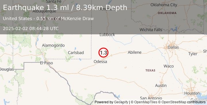 Earthquake 37 km SSW of Los Ybanez, Texas (1.3 ml) (2025-02-02 08:44:28 UTC)