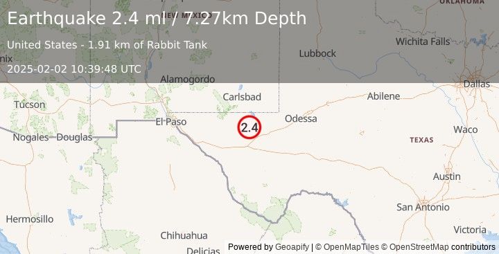 Earthquake 38 km NNW of Toyah, Texas (2.4 ml) (2025-02-02 10:39:48 UTC)