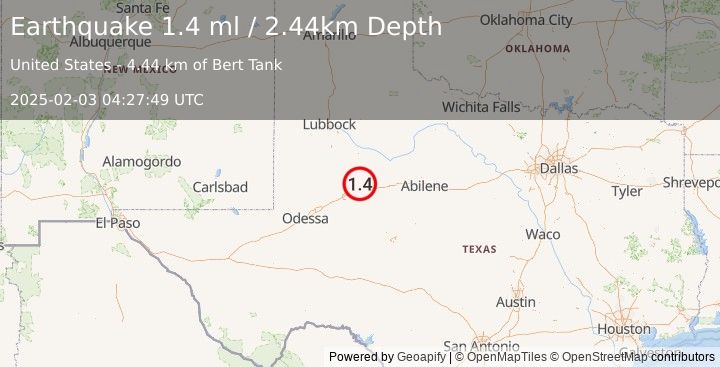 Earthquake 20 km NW of Westbrook, Texas (1.4 ml) (2025-02-03 04:27:49 UTC)