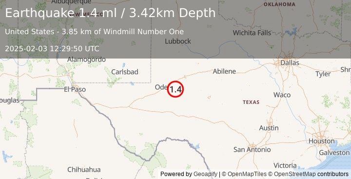 Earthquake 30 km SSE of Midland, Texas (1.4 ml) (2025-02-03 12:29:50 UTC)