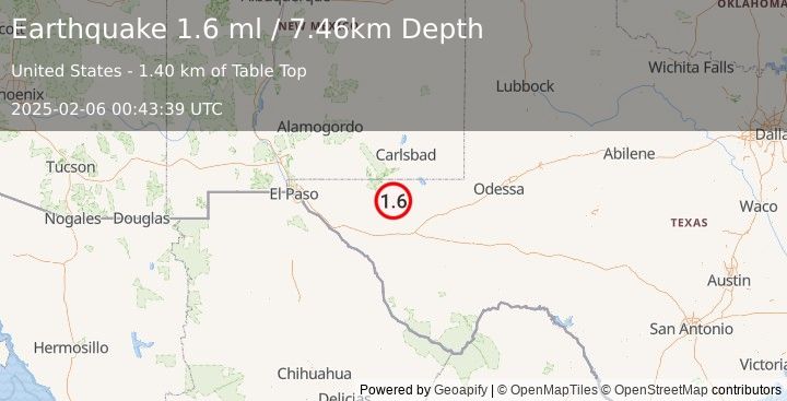 Earthquake 60 km S of Whites City, New Mexico (1.6 ml) (2025-02-06 00:43:39 UTC)