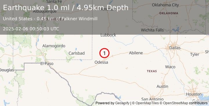 Earthquake 37 km SSW of Los Ybanez, Texas (1.0 ml) (2025-02-06 00:50:03 UTC)