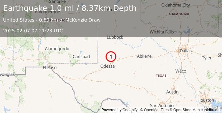 Earthquake 37 km SSW of Los Ybanez, Texas (1.0 ml) (2025-02-07 07:21:23 UTC)