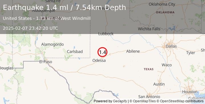 Earthquake 39 km WSW of Ackerly, Texas (1.4 ml) (2025-02-07 23:42:20 UTC)