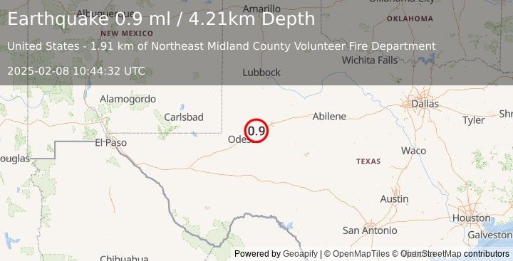 Earthquake 11 km NE of Midland, Texas (0.9 ml) (2025-02-08 10:44:32 UTC)