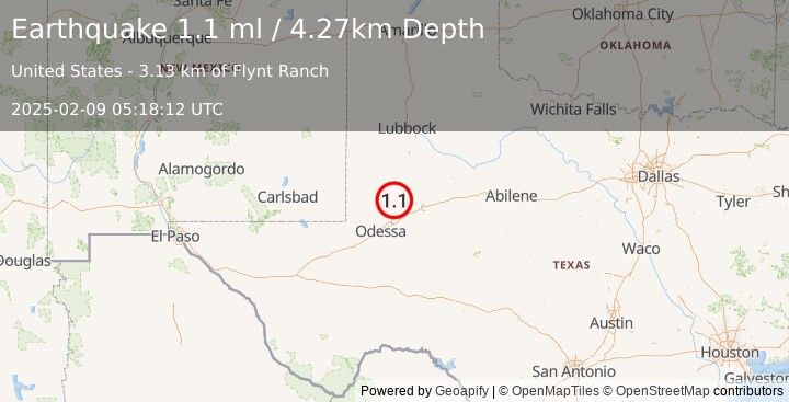 Earthquake 37 km NW of Stanton, Texas (1.1 ml) (2025-02-09 05:18:12 UTC)