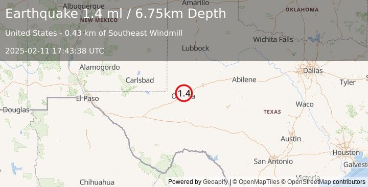 Earthquake 10 km NNE of Odessa, Texas (1.4 ml) (2025-02-11 17:43:38 UTC)