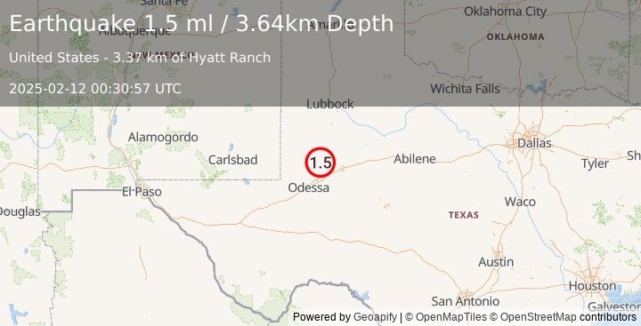 Earthquake 36 km NW of Stanton, Texas (1.5 ml) (2025-02-12 00:30:57 UTC)