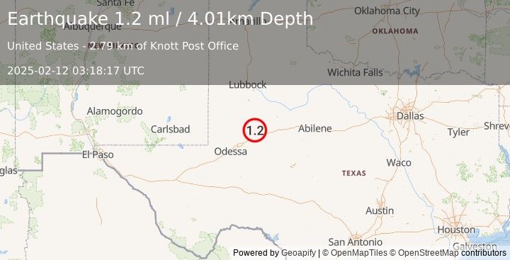 Earthquake 17 km SE of Ackerly, Texas (1.2 ml) (2025-02-12 03:18:17 UTC)