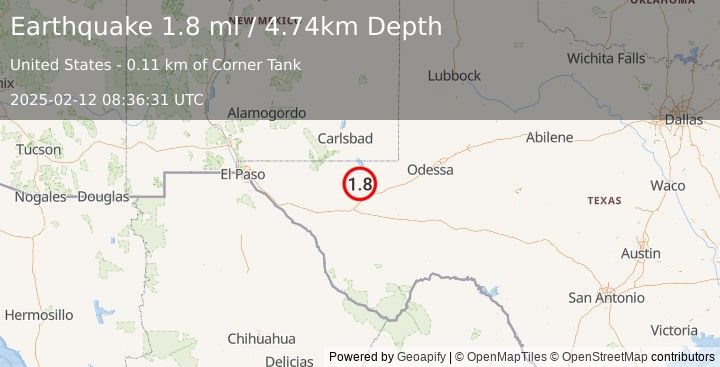 Earthquake 31 km NNW of Toyah, Texas (1.8 ml) (2025-02-12 08:36:31 UTC)