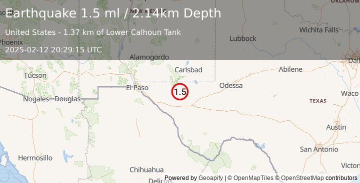 Earthquake 66 km SSW of Whites City, New Mexico (1.5 ml) (2025-02-12 20:29:15 UTC)