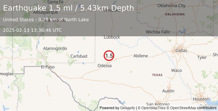 Earthquake 31 km SSW of Los Ybanez, Texas (1.5 ml) (2025-02-13 13:36:46 UTC)