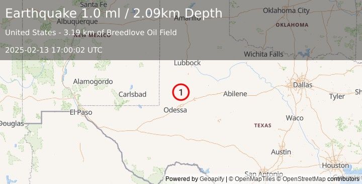 Earthquake 30 km SSW of Lamesa, Texas (1.0 ml) (2025-02-13 17:00:02 UTC)