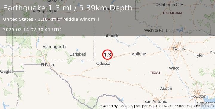 Earthquake 35 km WSW of Ackerly, Texas (1.3 ml) (2025-02-14 02:30:41 UTC)