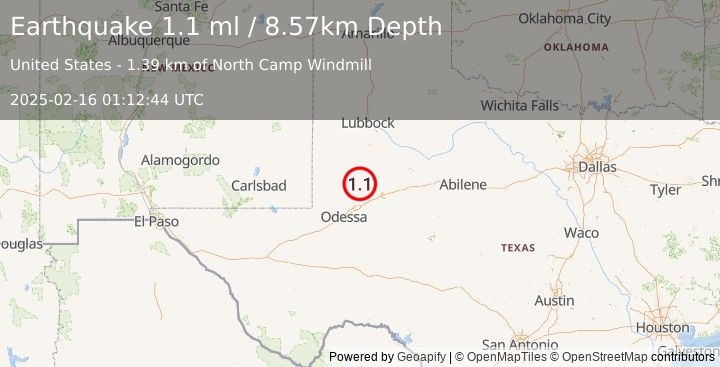 Earthquake 28 km WSW of Ackerly, Texas (1.1 ml) (2025-02-16 01:12:44 UTC)