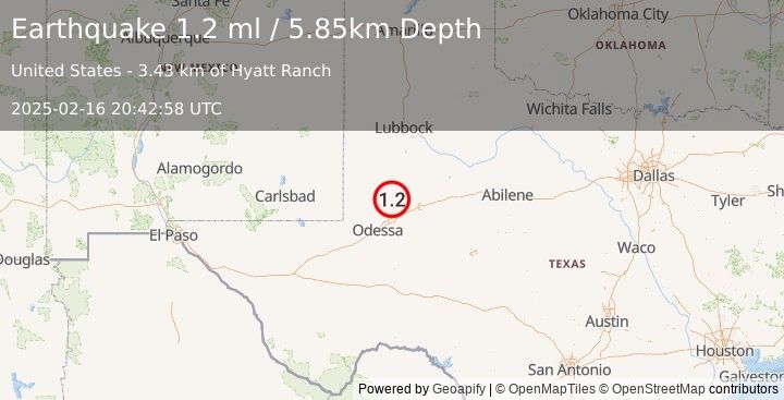 Earthquake 37 km NW of Stanton, Texas (1.2 ml) (2025-02-16 20:42:58 UTC)