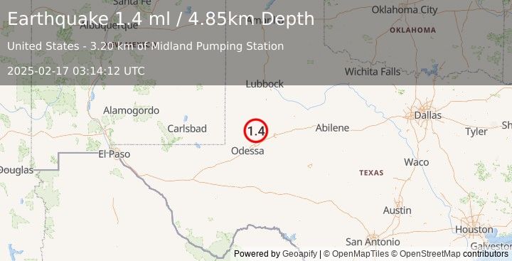 Earthquake 40 km NW of Stanton, Texas (1.4 ml) (2025-02-17 03:14:12 UTC)