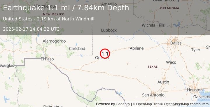 Earthquake 12 km NNW of Midland, Texas (1.1 ml) (2025-02-17 14:04:32 UTC)