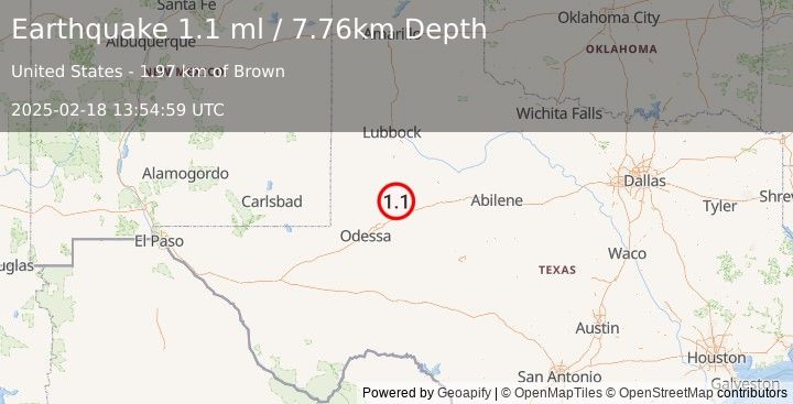 Earthquake 13 km SSW of Ackerly, Texas (1.1 ml) (2025-02-18 13:54:59 UTC)