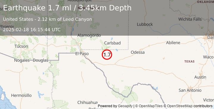 Earthquake 58 km SSW of Whites City, New Mexico (1.7 ml) (2025-02-18 16:15:44 UTC)