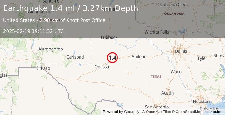 Earthquake 17 km SSE of Ackerly, Texas (1.4 ml) (2025-02-19 19:11:32 UTC)