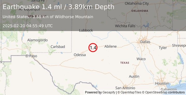 Earthquake 9 km NE of Coahoma, Texas (1.4 ml) (2025-02-20 04:55:49 UTC)