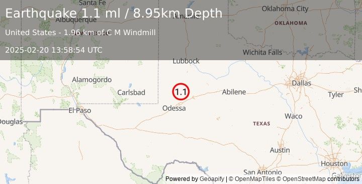 Earthquake 34 km SSW of Los Ybanez, Texas (1.1 ml) (2025-02-20 13:58:54 UTC)