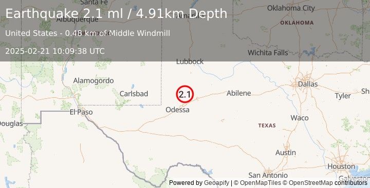 Earthquake 33 km WSW of Ackerly, Texas (2.1 ml) (2025-02-21 10:09:38 UTC)