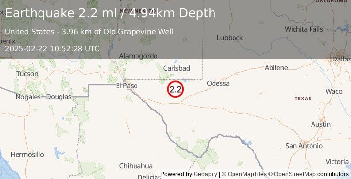 Earthquake 57 km NW of Toyah, Texas (2.2 ml) (2025-02-22 10:52:28 UTC)