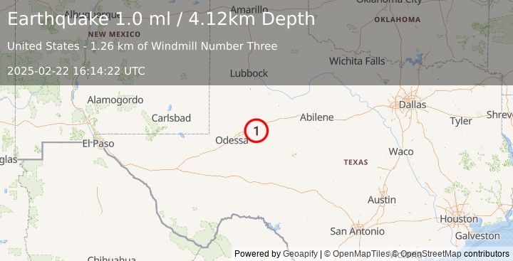 Earthquake 17 km ESE of Stanton, Texas (1.0 ml) (2025-02-22 16:14:22 UTC)