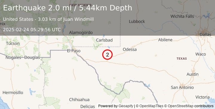 Earthquake 29 km NW of Toyah, Texas (2.0 ml) (2025-02-24 05:29:56 UTC)