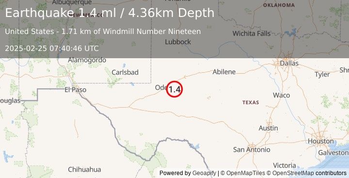 Earthquake 25 km SSE of Midland, Texas (1.4 ml) (2025-02-25 07:40:46 UTC)