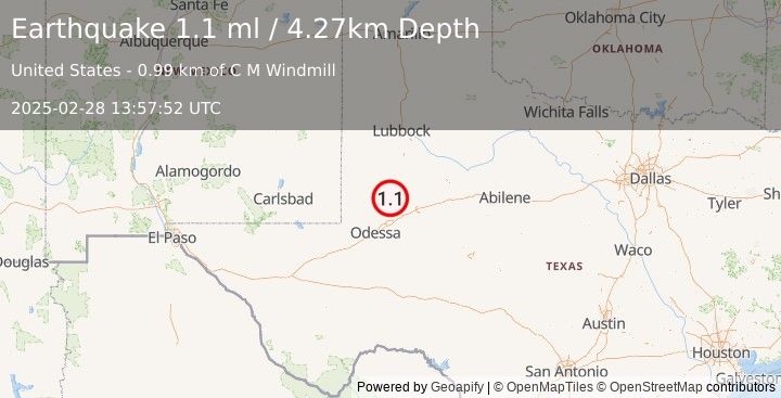 Earthquake 34 km WSW of Ackerly, Texas (1.1 ml) (2025-02-28 13:57:52 UTC)