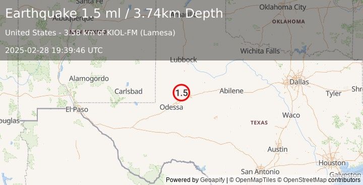 Earthquake 25 km SW of Ackerly, Texas (1.5 ml) (2025-02-28 19:39:46 UTC)