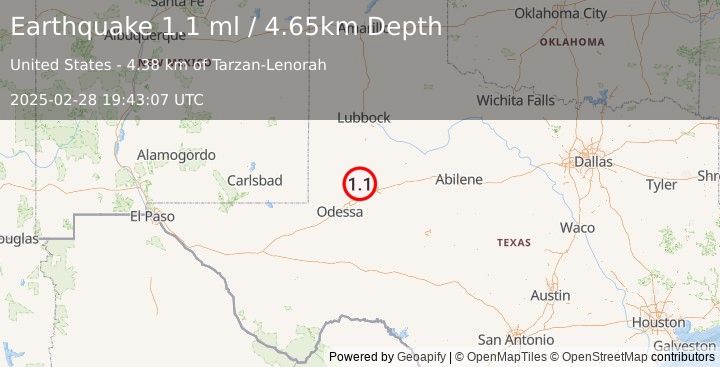 Earthquake 26 km SW of Ackerly, Texas (1.1 ml) (2025-02-28 19:43:07 UTC)