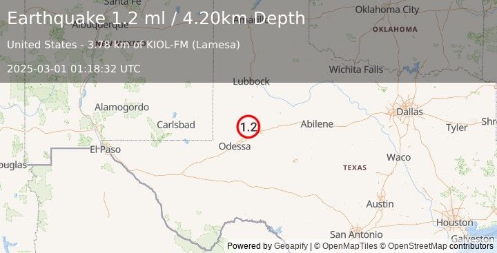 Earthquake 26 km SW of Ackerly, Texas (1.2 ml) (2025-03-01 01:18:32 UTC)