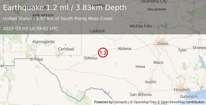 Earthquake 9 km NNW of Forsan, Texas (1.2 ml) (2025-03-03 10:39:42 UTC)