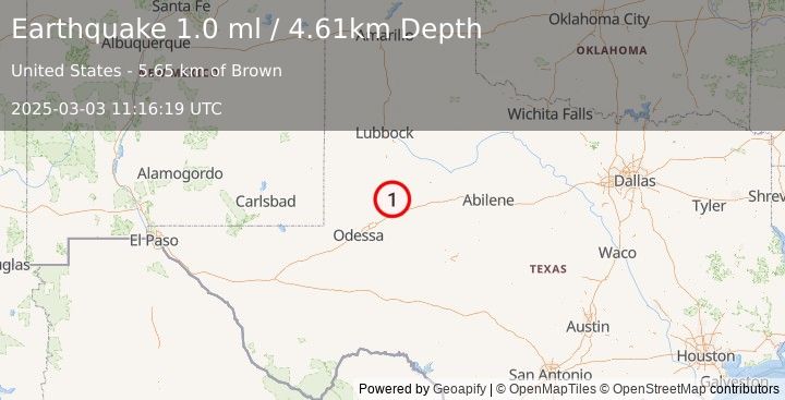 Earthquake 9 km SSE of Ackerly, Texas (1.0 ml) (2025-03-03 11:16:19 UTC)