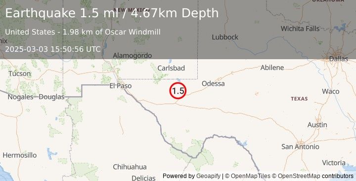 Earthquake 31 km NNW of Toyah, Texas (1.5 ml) (2025-03-03 15:50:56 UTC)