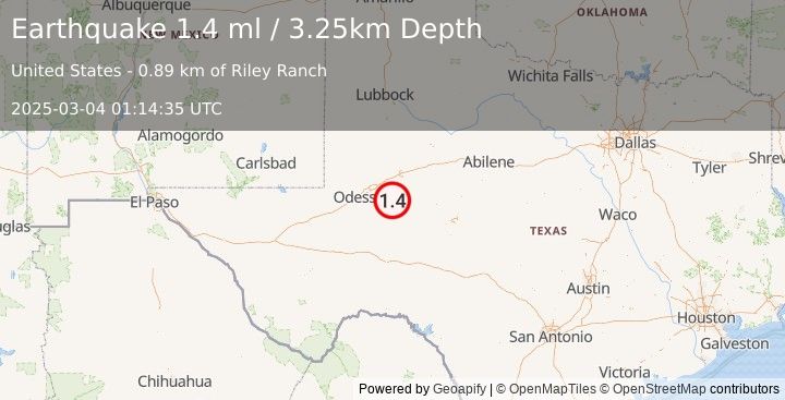 Earthquake 21 km WSW of Garden City, Texas (1.4 ml) (2025-03-04 01:14:35 UTC)