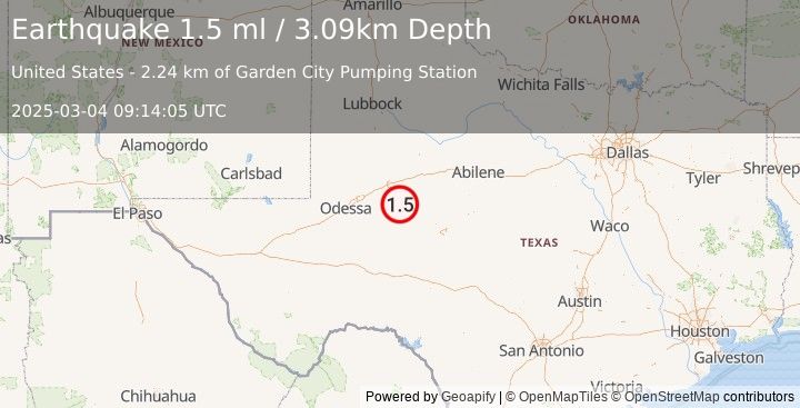 Earthquake 18 km ENE of Garden City, Texas (1.5 ml) (2025-03-04 09:14:05 UTC)