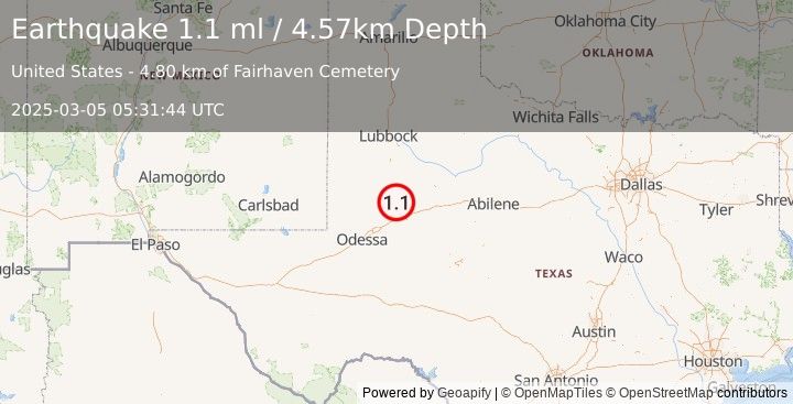 Earthquake 6 km SSE of Ackerly, Texas (1.2 ml) (2025-03-05 05:31:45 UTC)